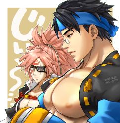 Rule 34 | 1boy, 1girl, alternate pectoral size, baiken, bare pectorals, breast envy, breasts, bursting pectorals, cleavage, eyepatch, from side, glasses, guilty gear, headband, hetero, highres, large breasts, large pectorals, long hair, looking at another, looking down, male focus, meme, mito anji, muscle envy, muscular, muscular male, nipples, ochanoko (tu bailo), girl staring at guys chest (meme), pectoral focus, pectorals, pink hair, round eyewear, scar, scar across eye, scar on face, short hair, shrug (clothing), sideburns, upper body