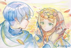 Rule 34 | 1boy, 1girl, blue hair, cape, capelet, closed eyes, closed mouth, commentary request, earrings, elf, falling petals, frieren, head wreath, highres, himmel (sousou no frieren), hinasumire, jewelry, long hair, meadow, outdoors, painting (medium), parted lips, petals, pointy ears, short hair, sousou no frieren, traditional media, twintails, watercolor (medium), white capelet