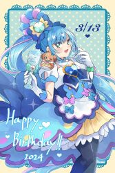 Rule 34 | 1girl, 1other, back bow, blue bow, blue eyes, blue hair, blue pantyhose, bow, brooch, bun cover, cure spicy, delicious party precure, dog, dress, earrings, fuwa kokone, glass, gloves, green eyes, hair bow, hair ornament, happy birthday, heart, heart brooch, highres, huge bow, jewelry, long hair, looking at viewer, magical girl, open mouth, pam-pam (precure), pantyhose, pink hair, precure, side ponytail, smile, sorashinakei k, very long hair, white gloves, yellow background