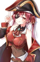 Rule 34 | 1girl, :q, ascot, bad id, bad pixiv id, bare shoulders, beliatan, black coat, breasts, brooch, coat, commission, covered navel, detached collar, drop shadow, eyepatch, gold trim, hair ribbon, hat, highres, hololive, houshou marine, index finger raised, jewelry, large breasts, leaning forward, long hair, long sleeves, looking at viewer, off shoulder, orange ribbon, pirate hat, pixiv commission, pleated skirt, red ascot, red eyes, red hair, red skirt, removing coat, ribbon, see-through, simple background, skirt, solo, tongue, tongue out, twintails, upper body, v-shaped eyebrows, virtual youtuber, white background