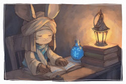 Rule 34 | 1other, :3, book, book stack, border, bottle, brown background, brown gloves, chair, closed eyes, final fantasy, final fantasy xiv, furry, furry female, gloves, holding, holding quill, indoors, inkwell, lamp, loporrit, omori hakumai, on chair, open book, quill, sitting, smile, solo, table, turban, upper body, whiskers, white border, white headwear, writing