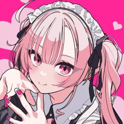 Rule 34 | 1girl, :q, ahoge, black shirt, blush, closed mouth, collar, commentary, frilled collar, frills, hair between eyes, hair ribbon, heart, highres, looking at viewer, looking up, luvluvvox, maid, maid headdress, nail polish, original, own hands together, pink background, pink eyes, pink hair, pink nails, portrait, red ribbon, ribbon, shirt, short hair, simple background, smile, solo, tongue, tongue out, twintails
