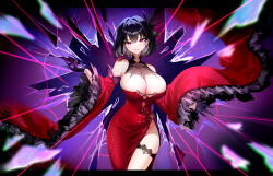 1girl absurdres akusamu azur_lane bare_shoulders black_gloves black_hair breasts chien_wu_(azur_lane) cleavage covered_navel dress earrings gloves hair_ornament hands_up highres huge_breasts jewelry mole mole_under_eye parted_lips red_dress red_eyes red_sleeves short_hair side_slit solo wide_sleeves