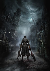 Rule 34 | absurdres, architecture, belt, blood, blood on clothes, blood splatter, bloodborne, bloody weapon, buckle, cityscape, clock, clock tower, cloud, cloudy sky, coat, from behind, full moon, gothic architecture, gun, hat, highres, huge filesize, hunter (bloodborne), lamppost, male focus, moon, moonlight, night, night sky, official art, pillar, road, saw, saw cleaver, shotgun, sky, smoke, solo, stairs, standing, statue, street, tower, tree, trench coat, vambraces, victorian, weapon