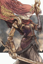 Rule 34 | 1girl, armor, blade, cape, closed mouth, dress, elden ring, gold armor, helmet, highres, holding, holding sword, holding weapon, long hair, malenia blade of miquella, mechanical arms, nyami, prosthesis, prosthetic arm, red cape, red hair, scar, simple background, single mechanical arm, solo, sword, very long hair, weapon, winged helmet, yellow eyes