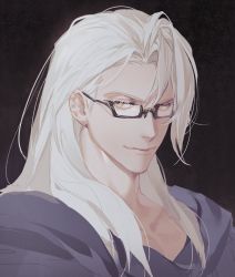 Rule 34 | 1boy, aged down, baebabaego, brown background, collarbone, colored eyelashes, commentary request, final fantasy, final fantasy xiv, from side, glasses, hesperos, hood, hood down, korean commentary, looking back, looking to the side, male focus, medium hair, portrait, semi-rimless eyewear, smile, solo, swept bangs, under-rim eyewear, white hair, yellow eyes