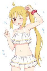 1girl absurdres ahoge alternate_costume arm_up armpits bikini bikini_skirt blonde_hair blush bocchi_the_rock! breasts collarbone commentary_request cowboy_shot floating_hat frilled_bikini frills hand_up highres ijichi_nijika long_hair looking_at_viewer mimori_(mimori_05) navel one_eye_closed open_mouth red_eyes red_scrunchie scrunchie side_ponytail sidelocks simple_background small_breasts solo standing stomach string_bikini swimsuit very_long_hair water_drop white_background white_bikini wrist_scrunchie