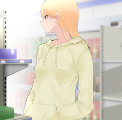Rule 34 | 1girl, breasts, casual, convenience store, earrings, expressionless, highres, hood, hoodie, jewelry, nipples, ricochet-gou, shop, small breasts, solo, sweater