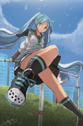 Rule 34 | 1girl, 2010, dated, day, faustsketcher, foreshortening, hatsune miku, horizontal bar, long hair, perspective, school uniform, shoes, sneakers, solo, very long hair, vocaloid