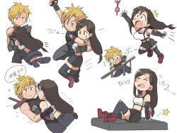 Rule 34 | 1boy, 1girl, arm up, armor, arms around neck, bare shoulders, black gloves, black hair, black skirt, black sports bra, black thighhighs, blonde hair, blue eyes, boots, breasts, buster sword, carrying, carrying person, cloud strife, crop top, cropped legs, earrings, elbow gloves, final fantasy, final fantasy vii, final fantasy vii remake, fingerless gloves, flying sweatdrops, girl on top, gloves, jewelry, knee up, large breasts, leaning back, long hair, looking at viewer, low-tied long hair, lying, midriff, multiple views, on back, open mouth, protected link, railing, red eyes, red footwear, screaming, shoulder armor, single bare shoulder, single earring, sitting, skirt, sleeveless, sleeveless turtleneck, speech bubble, spiked hair, sports bra, star (symbol), surprised, suspender skirt, suspenders, sweatdrop, sweater, tank top, teardrop earring, thighhighs, tifa lockhart, translation request, tsubobot, turtleneck, turtleneck sweater, weapon, weapon on back, white background, white tank top, worried, zettai ryouiki