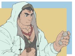 Rule 34 | 1boy, bara, bead necklace, beads, chest hair, cross scar, dark-skinned male, dark skin, facial hair, goatee, highres, holding, holding toy, hood, hood up, houzouin oniwaka, jacket, japanese clothes, jewelry, kimono, large pectorals, long sideburns, male focus, mature male, me-me (mouact2), muscular, muscular male, necklace, open clothes, open jacket, pectoral cleavage, pectorals, scar, scar on face, scar on forehead, short hair, sideburns, solo, stubble, stuffed animal, stuffed toy, sweatdrop, teddy bear, thick eyebrows, tokyo houkago summoners, toy, unzipped, upper body