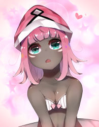 Rule 34 | 1girl, artist request, blue eyes, blush, bow, bow bra, bra, breasts, cleavage, collarbone, creatures (company), dark-skinned female, dark skin, dutch angle, female focus, game freak, gen 7 pokemon, hat, heart, legendary pokemon, looking at viewer, medium breasts, nintendo, no humans, open mouth, personification, pink background, pink bra, pink hair, pink hat, pokemon, pokemon (creature), pokemon sm, shiny skin, short hair, simple background, solo, star (symbol), tapu lele, underwear, underwear only, upper body, v arms