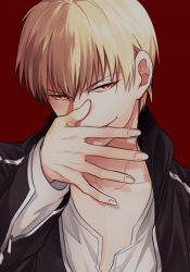 Rule 34 | 1boy, bad id, bad pixiv id, blonde hair, casual, danbi2021, fate/stay night, fate (series), gilgamesh (fate), male focus, official alternate costume, red background, red eyes, short hair, solo