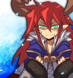 Rule 34 | 1boy, alchemist (ragnarok online), antlers, blue cape, cape, closed mouth, commentary request, emon-yu, fangs, fangs out, green eyes, hair between eyes, horns, long hair, long sleeves, looking at viewer, male focus, pointy ears, ragnarok online, red hair, shaded face, slit pupils, smile, solo, upper body