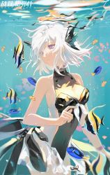 Rule 34 | 1girl, bare shoulders, breasts, clownfish, commentary request, eyebrows, fish, hair ornament, highres, lirseven, liv (punishing: gray raven), medium breasts, moorish idol, parted lips, punishing: gray raven, purple eyes, regal blue tang, short hair, solo, swimsuit, tropical fish, underwater, white hair