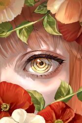 Rule 34 | 1girl, absurdres, asaki illust, chainsaw man, close-up, eye focus, flower, flower request, highres, leaf, looking at viewer, makima (chainsaw man), pink hair, red flower, ringed eyes, solo, split crop, white flower, yellow eyes