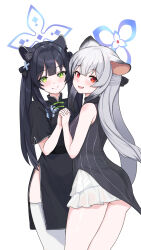 Rule 34 | 2girls, animal ear fluff, animal ears, ass, black dress, blue archive, blue halo, blush, china dress, chinese clothes, commentary request, cowboy shot, dress, green eyes, grey hair, hair ornament, halo, highres, holding hands, jamgom, kokona (blue archive), long hair, looking at viewer, looking back, multiple girls, open mouth, red eyes, shun (blue archive), shun (small) (blue archive), simple background, smile, thighhighs, twintails, white background, white thighhighs, x hair ornament