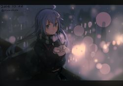 Rule 34 | 10s, 1girl, ahoge, blurry, bokeh, crescent, crescent hair ornament, dated, depth of field, hair ornament, kantai collection, letterboxed, looking at viewer, mittens, purple eyes, purple hair, rom (romshiro), romshiro, scarf, school uniform, short hair with long locks, solo, twitter username, yayoi (kancolle)