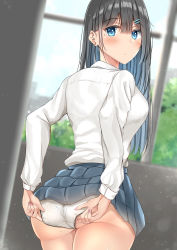 Rule 34 | 1girl, adjusting clothes, adjusting panties, ass, black hair, blue eyes, blue hair, blue skirt, blurry, blurry background, blush, building, bush, closed mouth, collared shirt, colored inner hair, commentary request, day, from behind, hair between eyes, hair ornament, highres, long hair, looking at viewer, mole, mole on ass, multicolored hair, original, panties, pleated skirt, school uniform, shirt, skirt, solo, standing, sunsun2812, thighs, underwear, uniform, white panties, white shirt, window