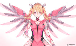 Rule 34 | 1girl, absurdres, alternate hairstyle, awareness ribbon, bare shoulders, blonde hair, blue eyes, breasts, criss-cross halter, dress, fingerless gloves, fingernails, gloves, hair ribbon, halo, halterneck, heart, highres, iamminami, looking at viewer, mechanical halo, mechanical wings, medium breasts, mercy (overwatch), nail polish, official alternate costume, outstretched hand, overwatch, overwatch 1, pink dress, pink mercy, pink nails, pink ribbon, pink wings, ribbon, simple background, smile, solo, twintails, twitter username, upper body, white background, wings