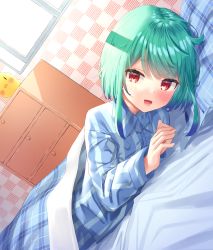 1girl, :d, bangs, bed, blue hair, blue pajamas, blue shirt, blush, checkered, chest of drawers, collared shirt, dress shirt, dutch angle, eyebrows visible through hair, gradient hair, green hair, hair between eyes, hands up, highres, hololive, indoors, k mugura, long sleeves, looking at viewer, lying, multicolored hair, on stomach, open mouth, pajamas, pillow, plaid pillow, red eyes, shirt, smile, solo, striped, striped shirt, under covers, uruha rushia, vertical-striped shirt, vertical stripes, virtual youtuber, window