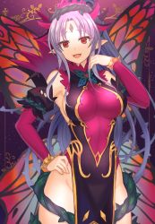 Rule 34 | 1girl, breasts, cowboy shot, elbow gloves, fairy, fairy wings, fire emblem, fire emblem heroes, gloves, gradient hair, grey hair, hair ornament, hand on own hip, highres, large breasts, long hair, looking at viewer, multicolored hair, nintendo, open mouth, pink gloves, plant, plumeria (fire emblem), pointy ears, ponytail, red eyes, shira yu ki, sleeveless, smile, solo, vines, wings