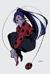 Rule 34 | 1girl, black pants, blue eyes, blue hair, blunt ends, facepaint, facial mark, fetal position, floating, forehead mark, full body, hibidaikansya2, holding, holding weapon, hugging own legs, korean clothes, ladybug (character), long hair, long sleeves, miraculous ladybug, mudangbeolle, pants, polka dot, ponytail, red footwear, shoes, sideways glance, signature, simple background, smile, smirk, solo, uneven eyes, weapon, yo-yo