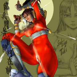 Rule 34 | 1girl, abs, armor, bodysuit, breasts, brown hair, drawing sword, fighting stance, holding, holding sword, holding weapon, japanese armor, kari (artist), kote, large breasts, muscular, muscular female, nipples, ponytail, sheath, short sword, skin tight, soul calibur, sword, taki (soulcalibur), unsheathing, weapon