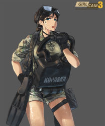 Rule 34 | 1girl, blue eyes, brown hair, camouflage, copyright name, diving mask, diving mask on head, gloves, goggles, goggles on head, graphite (medium), highres, looking at viewer, military, original, ponytail, scuba gear, solo, standing, swimsuit, tanto (tc1995), thigh strap, thighs, traditional media, wet