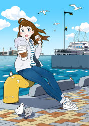 Rule 34 | 1girl, bird, blue eyes, blue pants, blue sky, boat, brown hair, building, city, cloud, cloudy sky, coffee, commentary request, cup, day, denim, drawstring, full body, highres, holding, holding cup, hood, hood down, jeans, jupachi18, long hair, ocean, open mouth, original, outdoors, pants, shadow, shirt, shoes, sky, smile, sneakers, solo, striped clothes, striped shirt, thank you, twitter username, water, watercraft, white bird, white footwear