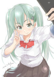 Rule 34 | 1girl, alternate costume, alternate hairstyle, bow, bowtie, brown skirt, cellphone, commentary request, cowboy shot, dated, dress shirt, fyuo, green eyes, green hair, hair ornament, hairclip, highres, kantai collection, long hair, long sleeves, looking at phone, orange bow, orange bowtie, phone, pleated skirt, school uniform, selfie, shirt, signature, simple background, skirt, sleeves rolled up, solo, suzuya (kancolle), taking picture, twintails, v, white background, white shirt