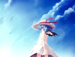 Rule 34 | 1girl, alternate costume, arms behind back, bat wings, blue hair, cloud, day, dress, female focus, hat, highres, looking back, red eyes, remilia scarlet, sky, smile, solo, straw hat, sundress, tateha (marvelous grace), touhou, wallpaper, white dress, wings