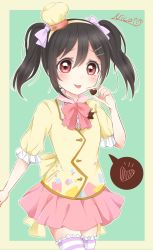 Rule 34 | 10s, 1girl, :p, black hair, bow, brooch, candy, character name, chef hat, chocolate, chocolate heart, food, hair bow, hairband, hat, heart, highres, jewelry, looking at viewer, love live!, love live! school idol festival, love live! school idol project, mashuhope (chinesere), mini hat, red eyes, ribbon, skirt, solo, spoken heart, thighhighs, tongue, tongue out, twintails, valentine, yazawa nico