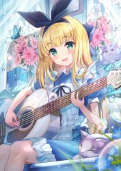 Rule 34 | 1girl, acoustic guitar, akabane (zebrasmise), black hair, blue flower, blush, bow, bubble, bug, butterfly, cat, commentary request, dress, flower, frilled dress, frills, green eyes, guitar, hair bow, highres, insect, instrument, looking at viewer, mononobe alice, mononobe alice (1st costume), music, nijisanji, pink flower, playing instrument, plectrum, sitting, virtual youtuber