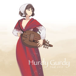 Rule 34 | 1girl, bob cut, breasts, brown background, brown eyes, brown hair, character name, cleavage, feet out of frame, fringe trim, gradient background, headdress, highres, holding, holding instrument, instrument, light particles, long skirt, long sleeves, looking away, looking to the side, meiko (vocaloid), music, playing instrument, red shawl, red skirt, roy (pixiv992911), shawl, shirt, skirt, smile, solo, tassel, vocaloid, white background, white headwear, white shirt