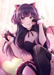 Rule 34 | 1girl, animal ear fluff, animal ears, black dress, black gloves, black hair, black thighhighs, breasts, cat ears, cleavage, collarbone, commentary, dress, earrings, fingerless gloves, gloves, highres, idolmaster, idolmaster shiny colors, jewelry, kusaka io, long hair, looking at viewer, mayuzumi fuyuko, medium breasts, solo, thighhighs, tongue, tongue out, two side up, wings