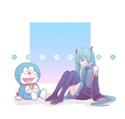 Rule 34 | 1boy, 1girl, aqua eyes, aqua hair, aqua necktie, arm support, bare shoulders, bell, black skirt, black sleeves, black thighhighs, boots, closed eyes, commentary, crossover, detached sleeves, doraemon, doraemon (character), full body, gears, grey shirt, hair ornament, hatsune miku, knees up, long hair, mi no take, miniskirt, neck bell, necktie, open mouth, pleated skirt, shirt, sitting, skirt, sleeveless, sleeveless shirt, smile, thigh boots, thighhighs, trait connection, twintails, very long hair, vocaloid, whiskers, white background, zettai ryouiki