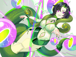 Rule 34 | 1girl, black hair, breasts, cleavage, cleavage cutout, clothing cutout, colored inner hair, fingernails, green hair, green lips, green nails, highres, lamia, large breasts, looking at viewer, monster girl, multicolored hair, nail polish, navel cutout, purple eyes, saijo-m, scales, sharp fingernails, snake, solo, space leaper: cocoon, tail