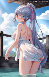 Rule 34 | 1girl, ayaka (genshin impact), bath, blue eyes, blue hair, blunt bangs, blush, breasts, covering privates, genshin impact, hair ornament, hair ribbon, hand on own ass, large breasts, light blue hair, long hair, looking at viewer, mole, mole under eye, nude cover, onsen, ponytail, ribbon, sebu illust, sidelocks, solo, thighs, towel, wading, water, wet, wet towel