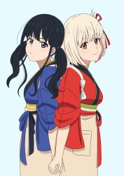 Rule 34 | 2girls, back-to-back, black hair, blonde hair, blue background, blue kimono, bob cut, breasts, closed mouth, commentary, hair ribbon, hashtag only commentary, highres, holding hands, inoue takina, japanese clothes, kimono, long hair, looking at viewer, lycoris recoil, medium breasts, multiple girls, nishikigi chisato, official alternate costume, official alternate hairstyle, one side up, purple eyes, red eyes, red kimono, red ribbon, ribbon, simple background, smile, tasuki, twintails, yu (yu12040309a), yuri