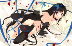 Rule 34 | 10s, 1girl, accel world, ass, bad id, bad pixiv id, bed, black hair, elbow gloves, flower, gloves, headband, ise (velvet088), kuroyukihime, lingerie, long hair, looking at viewer, looking back, lying, on stomach, panties, red eyes, ribbon, sidelocks, single thighhigh, solo, thighhighs, thong, underwear