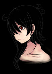 Rule 34 | 1girl, aoshima, black background, black hair, closed mouth, collarbone, expressionless, eyelashes, from side, hair over one eye, houjuu nue, lipstick, long hair, looking afar, makeup, portrait, red eyes, simple background, solo, touhou