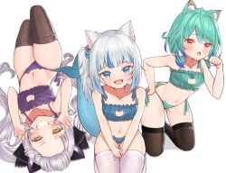 Rule 34 | 3girls, animal ear fluff, animal ears, black legwear, black ribbon, blue bra, blue eyes, blue hair, blue panties, blunt bangs, blush, bra, cat cutout, cat ear panties, cat ears, cat lingerie, claw pose, cleavage cutout, clothing cutout, collarbone, colored tips, fang, fins, fish tail, flat chest, frilled bra, frills, gawr gura, green bra, green hair, green panties, hair ornament, hair ribbon, hand on own hip, hololive, hololive english, long hair, looking at viewer, lying, maru039, meme attire, multicolored hair, multiple girls, murasaki shion, navel, on back, open mouth, panties, paw pose, purple bra, purple panties, red eyes, ribbon, seiza, shark tail, sharp teeth, short hair, side-tie panties, silver hair, simple background, sitting, skindentation, smile, streaked hair, tail, teeth, thighhighs, twintails, underwear, underwear only, upper teeth only, uruha rushia, virtual youtuber, white background, white legwear, yellow eyes