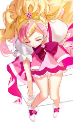 Rule 34 | 1girl, absurdres, bare arms, bare legs, blonde hair, bow, closed eyes, closed mouth, commentary, cure flora, dot nose, dress, earrings, facing down, from above, gloves, go! princess precure, hair ornament, haruno haruka, highres, jewelry, long hair, magical girl, multicolored hair, nani (s2 nani), pink bow, pink dress, pink hair, precure, puffy sleeves, shoes, short dress, simple background, sitting, solo, streaked hair, two-tone hair, waist bow, white background, white footwear, white gloves