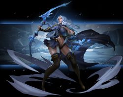 Rule 34 | 1girl, 69 (86), absurdres, arm guards, arrow (projectile), blue hair, boots, bow (weapon), breasts, brown eyes, cape, copyright request, highleg, highres, holding, holding arrow, huge breasts, lace trim, long hair, monochrome background, quiver, revealing clothes, solo focus, thigh boots, thighs, weapon, wide hips