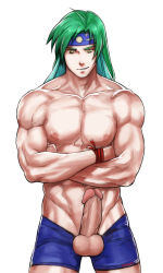 Rule 34 | 1boy, abs, bara, briefs, male underwear pull, crossed arms, golden sun, green hair, highres, hydaria, male focus, male underwear, muscular, nude, pectorals, penis, piers (golden sun), simple background, solo, testicles, underwear, white background, yellow eyes