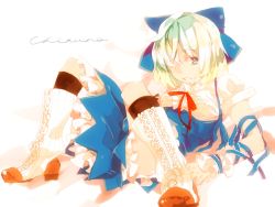 Rule 34 | 1girl, adapted costume, alternate breast size, bad id, bad pixiv id, black socks, blue eyes, boots, bow, cirno, female focus, hair bow, kneehighs, lieben, short hair, socks, solo, touhou, white background