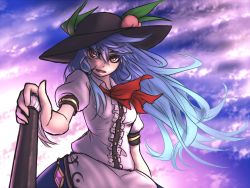 Rule 34 | 1girl, blue hair, bow, cloud, food, fruit, hat, hinanawi tenshi, long hair, looking at viewer, miata (miata8674), open mouth, peach, puffy short sleeves, puffy sleeves, red eyes, shirt, short sleeves, skirt, sky, smile, solo, sunset, touhou, very long hair, wind