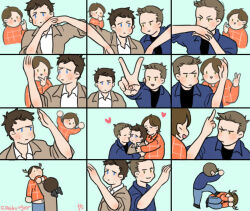 Rule 34 | angel, antlers, aqua background, beard stubble, black wings, blue eyes, blue jacket, boy sandwich, brothers, brown hair, casburger, castiel, checkered clothes, checkered shirt, clothes grab, coat, commentary, couple, covering face, dean winchester, english commentary, facial hair, fetal position, full body, green eyes, heart, horns, hug, hug from behind, jacket, kicking, kiss, kissing cheek, korean commentary, lifting person, looking at viewer, male focus, middle finger, moose boy, multiple views, photobomb, raised eyebrow, sam winchester, sandwiched, shirt, short hair, siblings, side-by-side, simple background, smile, stubble, supernatural (tv series), trench coat, upper body, v, wings, yaoi