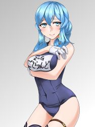 Rule 34 | 1girl, akito (sub707), alternate costume, bare shoulders, blue hair, blush, cowboy shot, gloves, gotland (kancolle), gradient background, grey background, hair bun, half gloves, highres, kantai collection, long hair, looking at viewer, mole, mole under eye, name tag, school swimsuit, simple background, single hair bun, smile, solo, swimsuit, thigh strap, thighhighs, white background, white gloves